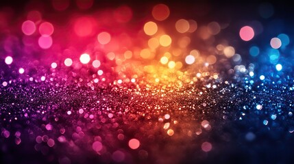 Abstract neon rainbow colored glitter particles flow with shallow depth of field. Underwater dust, holiday disco magic shimmering under water. Festive party background, de-focused.