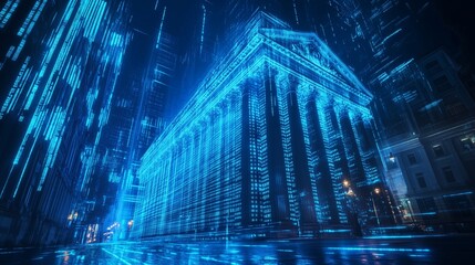 A futuristic digital bank constructed entirely of glowing blue data streams, symbolizing the future of finance, cyber security, and the evolution of online banking in the digital age