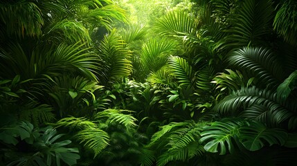 A Serene Tropical Paradise Filled with Lush Greenery, Vibrant Palms, and Exotic Ferns