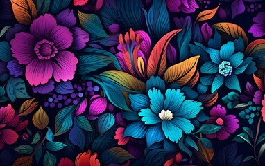 Colorful flowers on blank background. pattern of colorful flowers with leaves. 