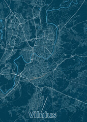 A detailed map of Vilnius, Lithuania, rendered in a minimalist style. The map features a dark teal background with white lines representing streets and roads. A prominent river winds through the city.