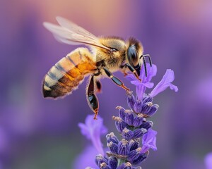 Close-Up of a Honey Bee Pollinating a Lavender Flower with a Soft Purple Background and Detailed Focus on the Insect and Petals