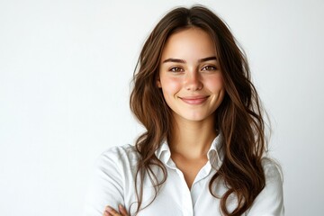 A young woman with long brown hair smiles at the camera. She is wearing a white button-down shirt. The background is a plain white wall.