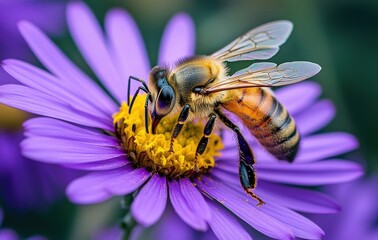 Close-up of a Honey Bee Pollinating a Purple Flower, Capturing the Intricate Details of Nature's Beautiful Relationship in Spring Atmosphere