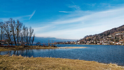 Lake Tegernsee in Bavaria Oberland in Germany seen from the Rottach river jetty in southern shore 'Schwaighof Complex' 