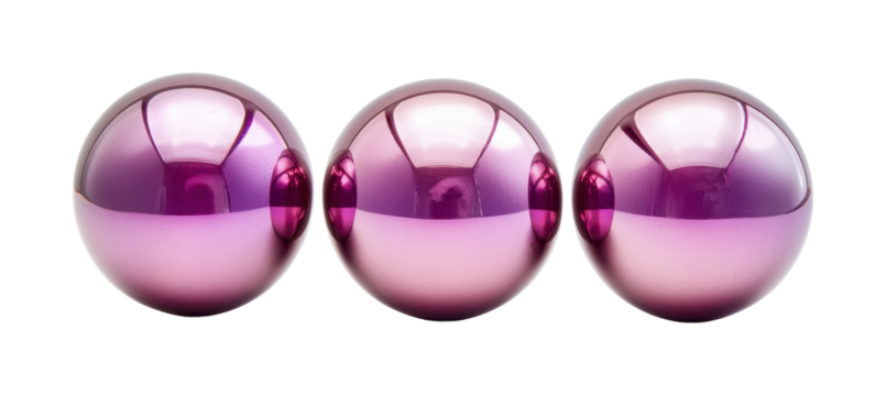 Shiny purple spheres arranged in a row showcasing reflections and light effects for design use, cut out