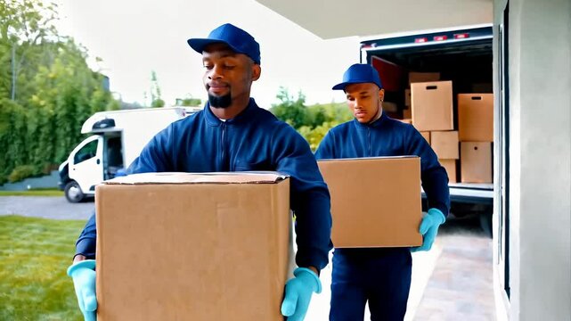 Professional movers carrying cardboard boxes from a moving truck