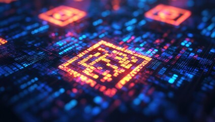 Glowing digital circuit board with integrated microchips.