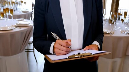 Professional wedding planner manages event details, ensuring a flawless celebration in a sophisticated banquet hall