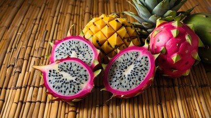 Fototapeta premium Fresh Dragon Fruits on Bamboo Mat with Natural Lighting