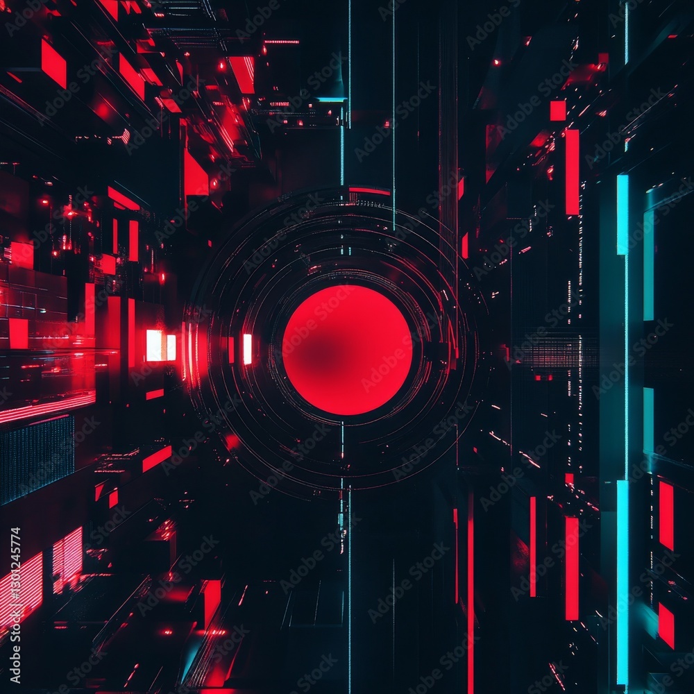 Poster Cybernetic Core: Abstract Digital Landscape with Red Focal Point and Glowing Elements of Futuristic Design