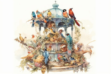 a watercolor illustration depicting a multitude of colorful birds sitting on an old openwork gazebo decorated with grape vines and flowers.  
