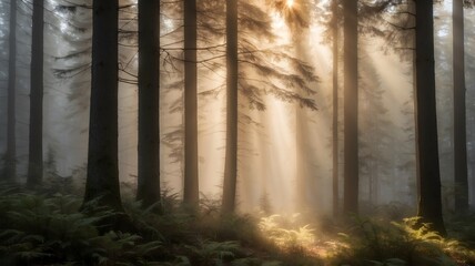 Naklejka premium Enchanted Forest with Golden Sunlight Filtering Through Trees