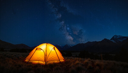 Serene camping tent glowing under starry sky, peaceful wilderness