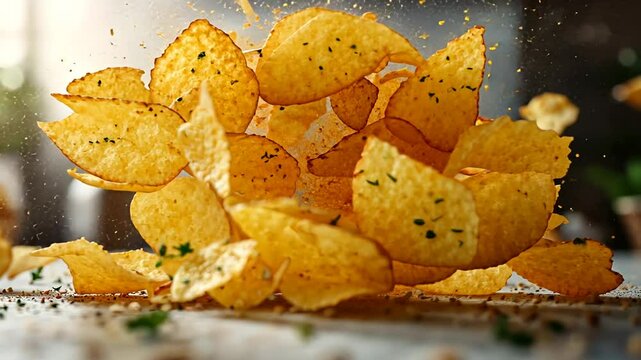 Crispy potato chips explosion on countertop