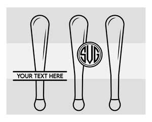 Baseball Bat Monogram, Baseball Bat Silhouette, Sports Svg, Baseball Stick Svg, Bat Svg, Baseball Bat Png, Baseball Svg Images, Cut Files, Split Monogram, Circle Monogram 