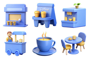 Stylish blue coffee shop elements including cart, cups, and tables. Perfect for modern design projects