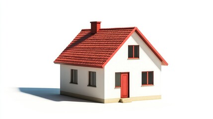 A white suburban house with a red roof, a red door, and windows on a white background.