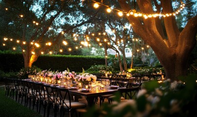 Outdoor wedding reception with glowing lights.
