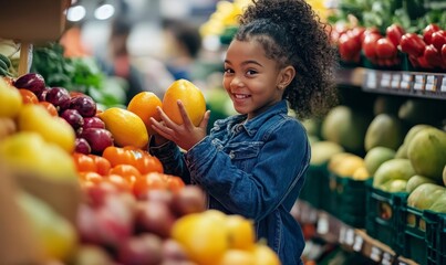 Fototapeta premium Smiling child shops for fresh colorful produce.