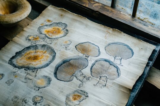 Ancient Chinese Scroll with Detailed Illustrations of Medicinal Mushrooms Featuring Reishi and Cordyceps on Textured Background Captured in 4K Resolution