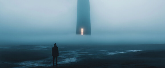 A solitary figure standing before a tall lighthouse shrouded in fog, with only a glowing light visible, symbolizing isolation, mystery, and the power of hope in a dark world.