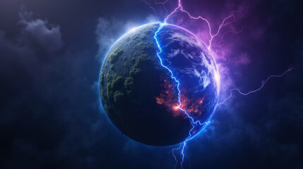 dramatic depiction of planet split by lightning and fire, showcasing nature power and beauty