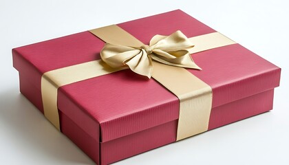 Obraz premium Red gift box with gold ribbon, close up, white background