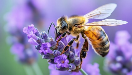 Close-up of a Honey Bee Pollinating Lavender Flower with Vibrant Purple Blooms and Soft Green Background in Nature's Beautiful Garden Setting