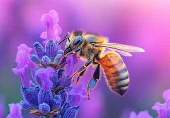 Close-Up of a Honey Bee Pollinating Lavender Flowers Against a Soft Purple Background in Springtime Garden