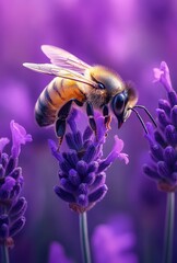 Close-Up of a Honey Bee Pollinating Lavender Flowers in a Vibrant Purple Garden Scene