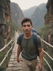 Southeast Asian Male Hiker on Rope Bridge Over River, Symbolizing Perseverance and Natural Exploration