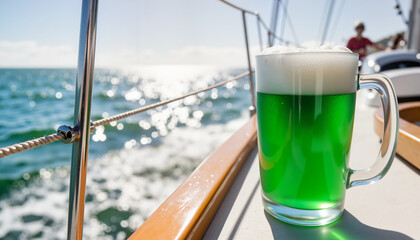 Vibrant green beer mug on sailboat railing, sea adventure essence