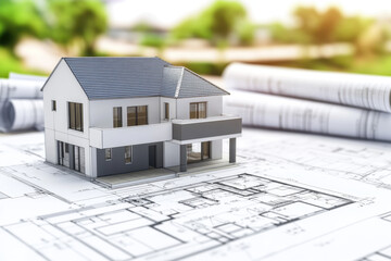 Detailed modern house model sits on architectural blueprints surrounded by greenery and natural light, showcasing design and layout elements