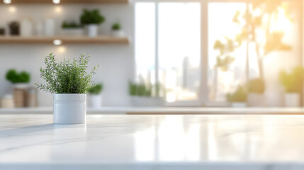 countertop with blurred home kitchen background in white