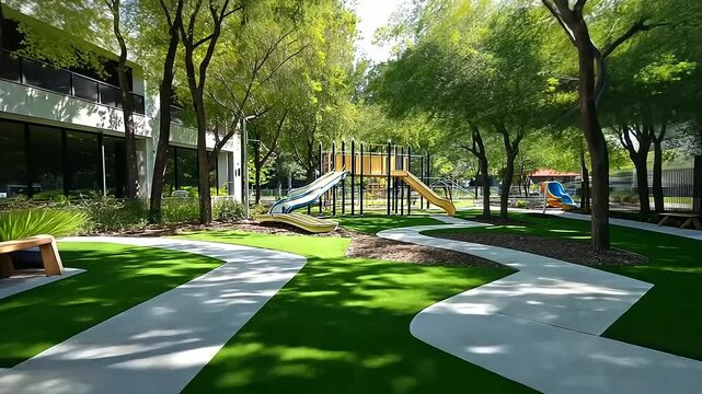 Artificial turf cushions a modern play area, complete with twisting slides, monkey bars, and seesaws. Trees provide shade around the lively and safe space.
