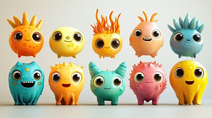 Fototapeta premium Cartoon characters of pathogens, viruses, and bacteria, each with cute faces and big eyes, designed x