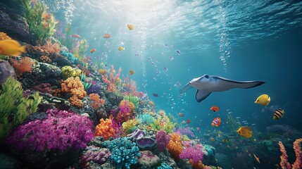 Fototapeta premium A vibrant underwater landscape with a manta ray gliding over colorful coral reefs in a sunlit ocean