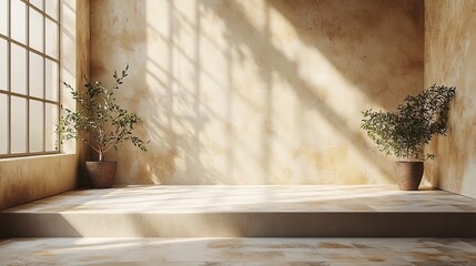 An abstract minimal nature scene includes an empty stage and a square podium on a beige background with soft window shadows.
