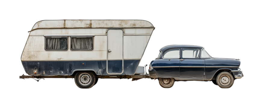 Vintage caravan and classic car set for a summer vacation road trip adventure in the countryside with nostalgic vibes, cut out