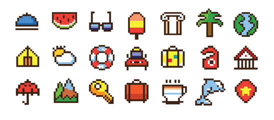 Pixel travel icons set with colorful symbols of tourism and vacation destinations in a minimalistic styleand isolated on a white background. Vector.