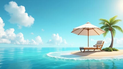 Fototapeta premium beach umbrella and lounge chair on island with clear blue ocean in the background