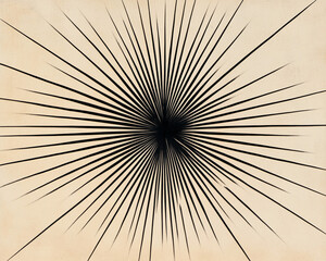 Naklejka premium Abstract starburst pattern with sharp black lines radiating from a central point on a beige background, symbolizing energy, movement, and dynamic design.