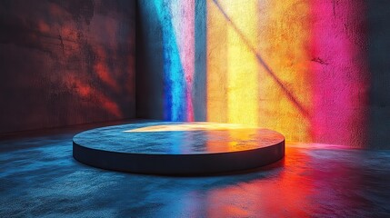 An abstract minimal scene showcases an empty stage with a circle podium on a gray background with rainbow crystal light refraction sparkles, in a front view.