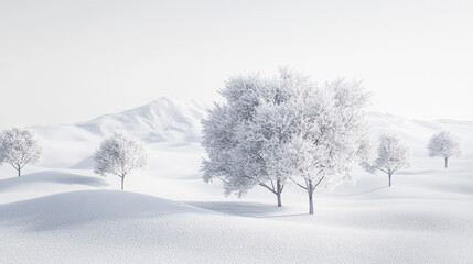 Minimalist snowy trees in a serene winter landscape with a soft, calming aesthetic Snow-covered landscape with three frosted trees in a foggy setting.