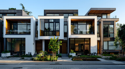 Art Deco row houses with bold geometric designs, flat roofs, and contrasting color palettes of white, gold, and black