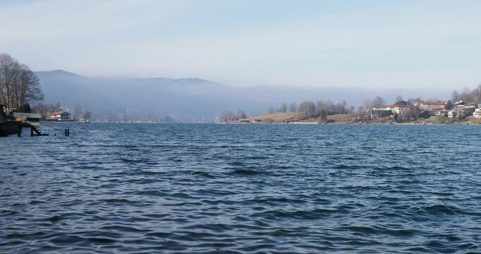 Bavarian landscape - Magnificent view of Lake Tegernsee from Rottach Bay bordered by the Tegernsee 'point', leisure center and 'Kleiner Paraplui' 