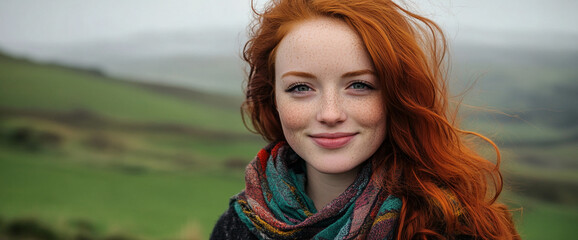Fototapeta premium Close-up portrait of a young woman with bright red hair and freckles smiling in a scenic outdoor setting, wearing a colorful scarf, symbolizing happiness, nature, and beauty.