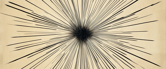 Obraz premium Abstract radial burst with sharp black lines radiating from a central point on a beige background, symbolizing dynamic motion, energy, and expansion in design and art.
