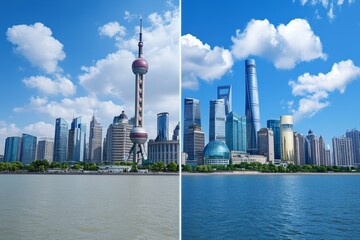 Obraz premium A dramatic before-and-after comparison of a city skyline, one side clear and the other covered in smog